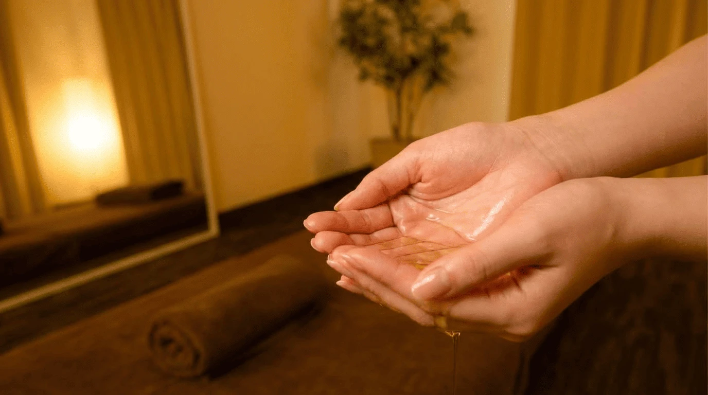 温めたオイルを手に取っているアップの写真